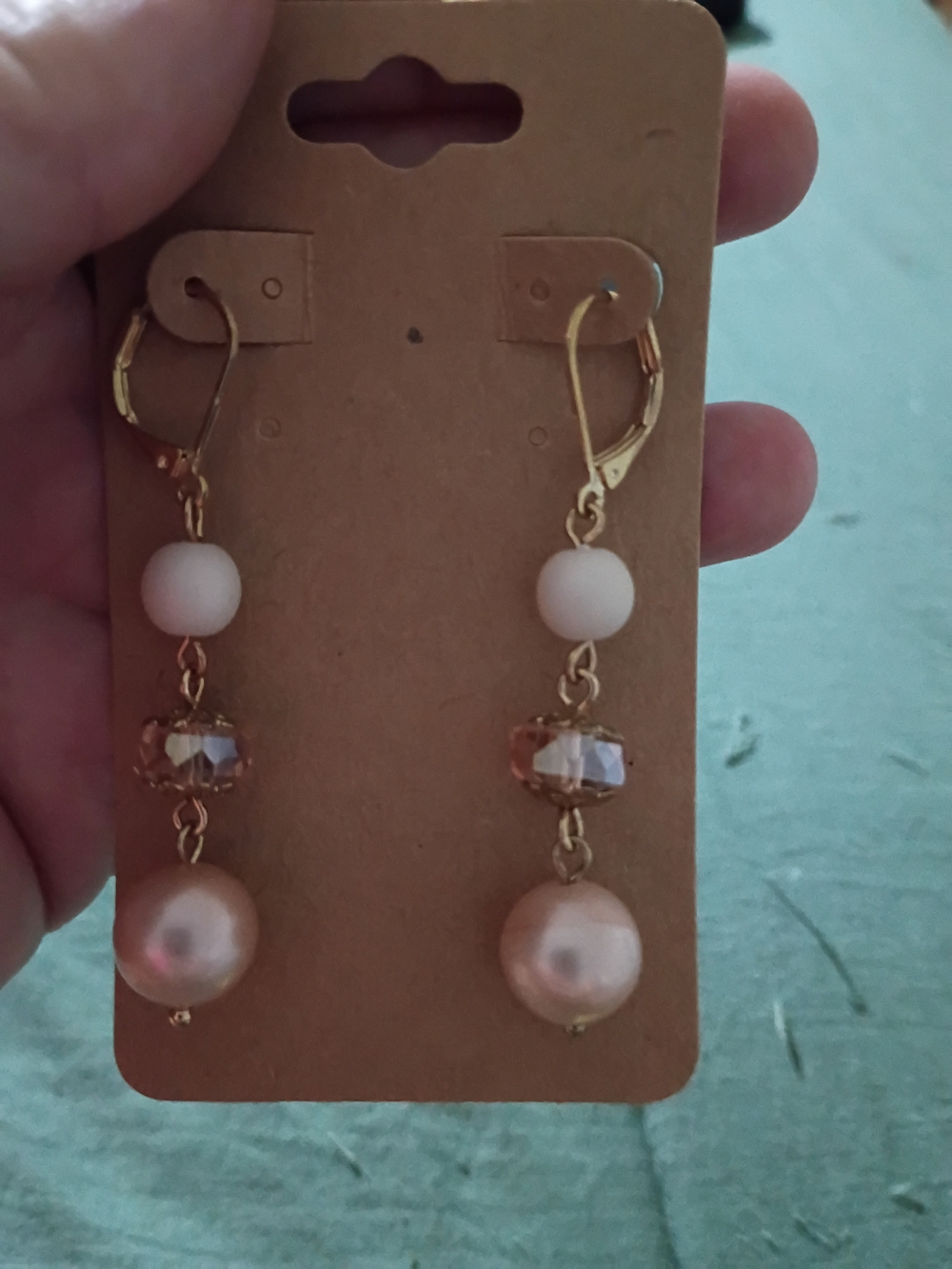 Gold Hoop Drop Earrings with Pink Pearl and Crystal Beads